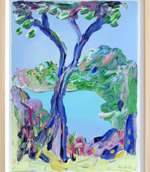 "When the Leaves Fall" er et originalt maleri på papir av kunstner Jeanette Lafontine. Kunstverket er et abstrakt landskap i sterke farger som viser et tre med et fjellandskap