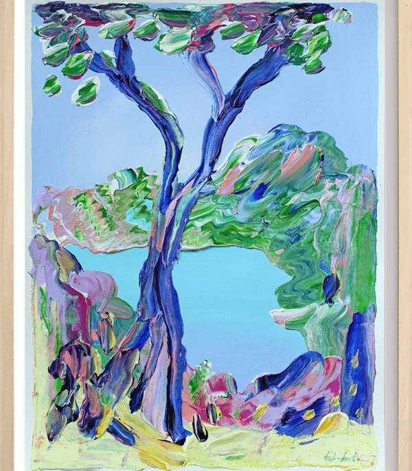 "When the Leaves Fall" er et originalt maleri på papir av kunstner Jeanette Lafontine. Kunstverket er et abstrakt landskap i sterke farger som viser et tre med et fjellandskap