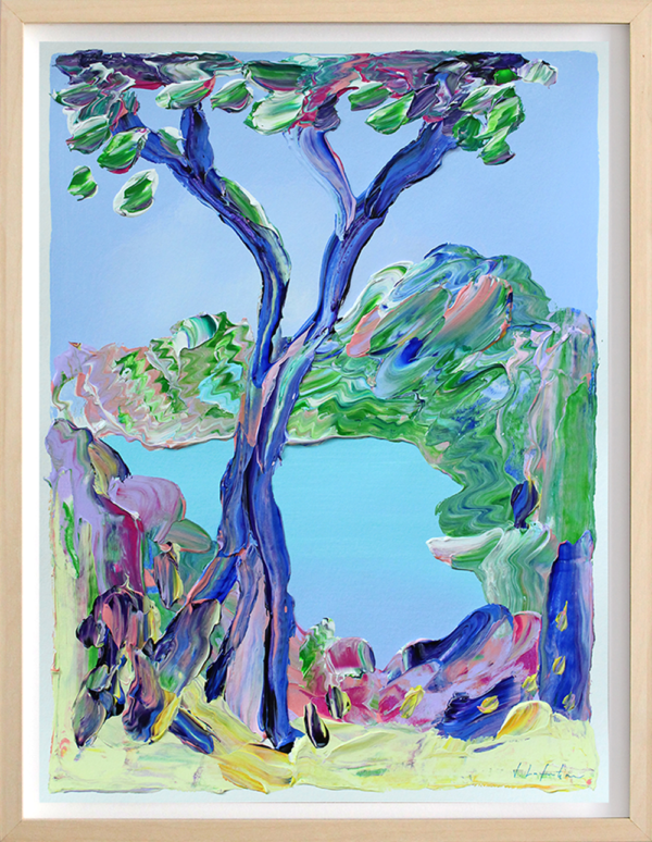 "When the Leaves Fall" er et originalt maleri på papir av kunstner Jeanette Lafontine. Kunstverket er et abstrakt landskap i sterke farger som viser et tre med et fjellandskap