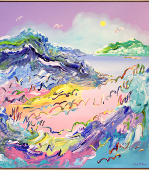 "Where the Winds Meet" er et stort og fargerikt maleri på lerret av kunstner Jeanette Lafontine. Kunstverket viser et abstrakt nordisk landskap i blå og lilla farger