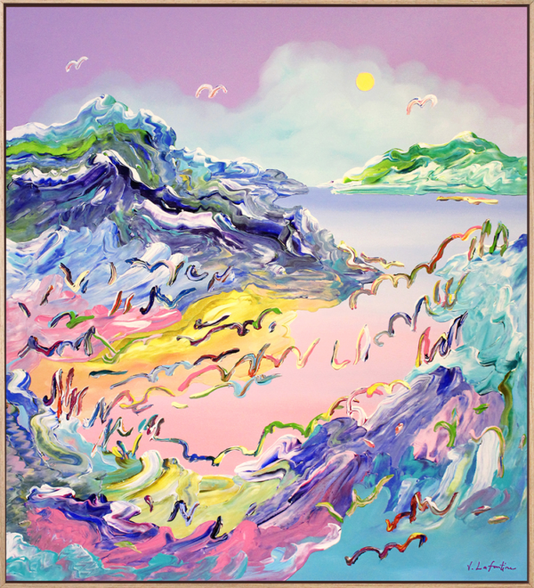 "Where the Winds Meet" er et stort og fargerikt maleri på lerret av kunstner Jeanette Lafontine. Kunstverket viser et abstrakt nordisk landskap i blå og lilla farger