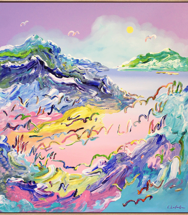 "Where the Winds Meet" er et stort og fargerikt maleri på lerret av kunstner Jeanette Lafontine. Kunstverket viser et abstrakt nordisk landskap i blå og lilla farger