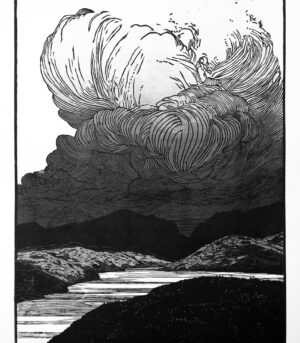 "Langalivatnet" er et tresnitt av kunstner Nicholas O'Leary som viser et landskap med kraftige skyer i sort hvitt.