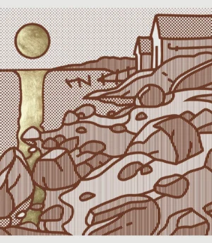 Kunsttrykket "Kystmotiv V" av Børge Bredenbekk er håndkolorert med bladgull. Kunstverket viser et landskap ved kysten med en sol som skinner i havet.