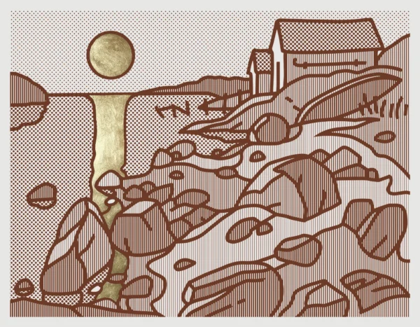 Kunsttrykket "Kystmotiv V" av Børge Bredenbekk er håndkolorert med bladgull. Kunstverket viser et landskap ved kysten med en sol som skinner i havet.