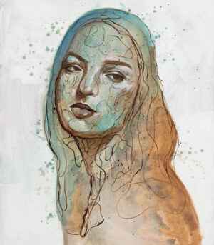 Kunsttrykk av Lea Alstad - Kobber. Portrett av en kvinne i blå og kobberfarger.