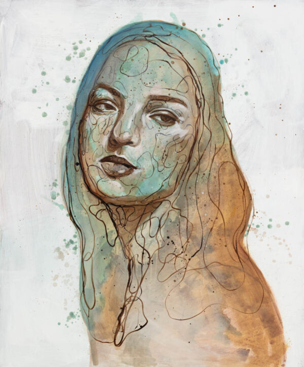 Kunsttrykk av Lea Alstad - Kobber. Portrett av en kvinne i blå og kobberfarger.