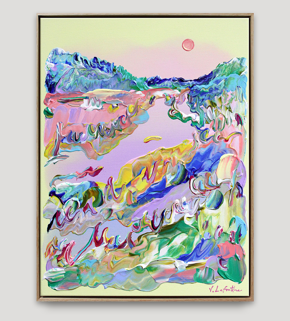 Originalt maleri på lerret av Jeanette Lafontine - Early Morning. Kunst i ramme. Abstrakt landskap med farger