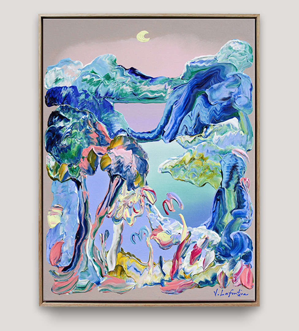 Originalt maleri på lerret av Jeanette Lafontine - Night time. Kunst i ramme. Abstrakt landskap med farger