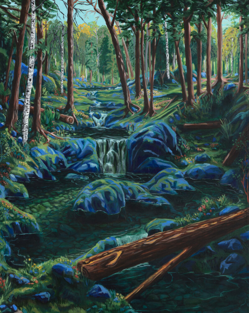 "Elvens Vei" er et trykk i begrenset opplag av kunstner Sebastian Slotte. Motivet er et landskap i en skog med en bekk i abstrakt stil.