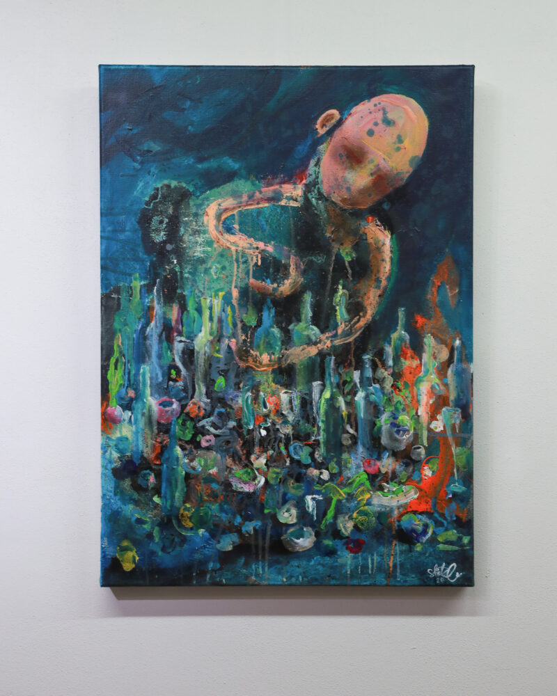 "La oss Åpne en Flaske til" er et originalt maleri på lerret av kunstner Ståle Gerhardsen.