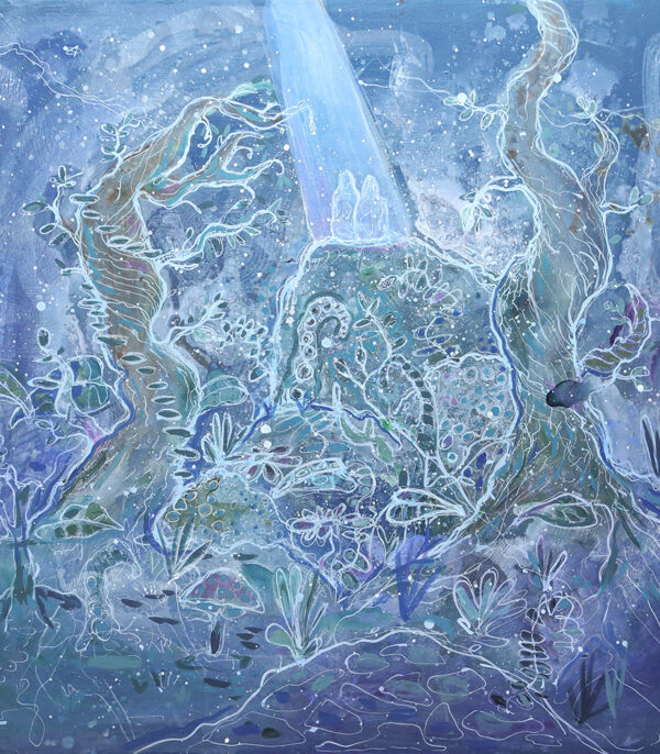 "Historie" er et originalt maleri på lerret av kunstner Lea Alstad. Motivet viser et abstrakt og surrealistisk landskap i blåtoner med to personer.