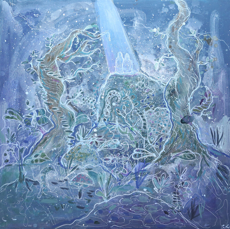 "Historie" er et originalt maleri på lerret av kunstner Lea Alstad. Motivet viser et abstrakt og surrealistisk landskap i blåtoner med to personer.